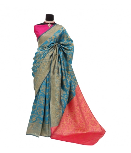 Generic Women's Banarasi Printed Saree With Unstitched Blouse 5.5Mtr (Aqua Blue)