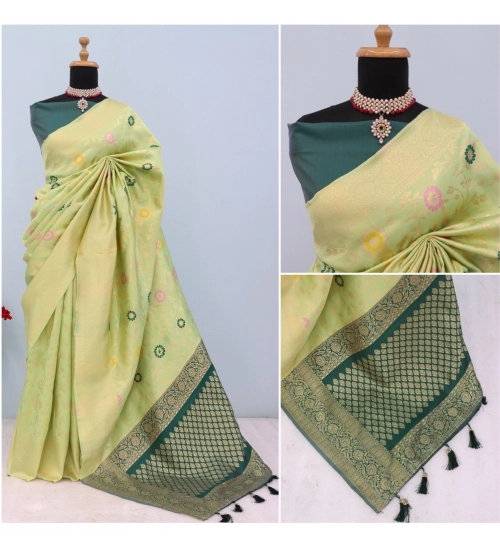 Generic Women's Banarasi Printed Saree With Unstitched Blouse 5.5Mtr (Light Green)