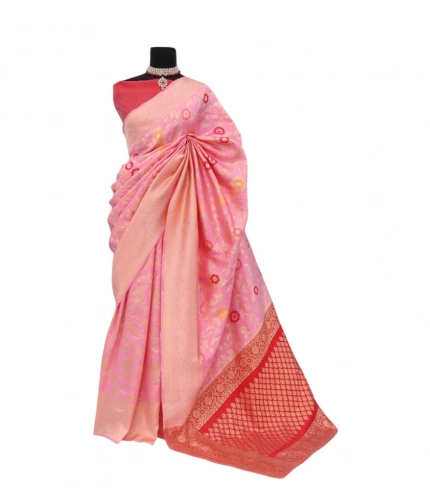 Generic Women's Banarasi Printed Saree With Unstitched Blouse 5.5Mtr (Pink)