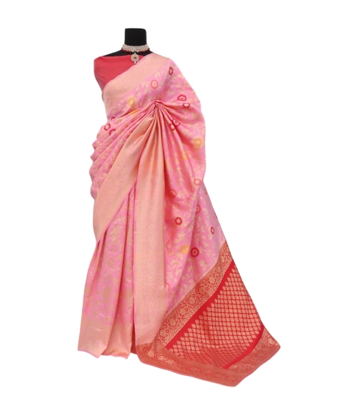 Generic Women's Banarasi Printed Saree With Unstitched Blouse 5.5Mtr (Pink)