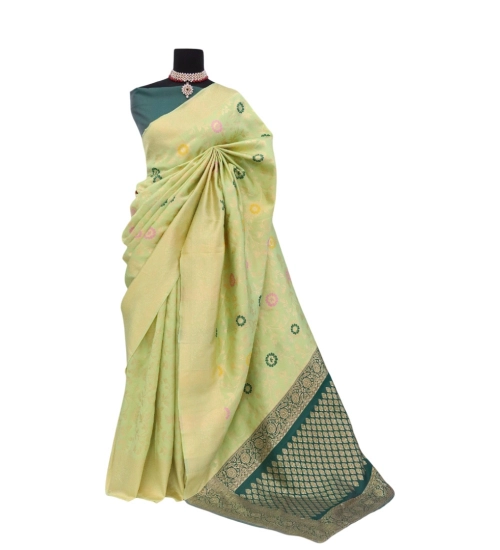 Generic Women's Banarasi Printed Saree With Unstitched Blouse 5.5Mtr (Light Green)
