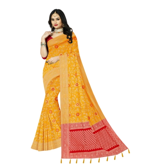 Generic Women's Banarasi Printed Saree With Unstitched Blouse 5.5Mtr (Yellow)