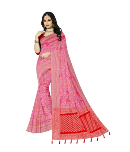 Generic Women's Banarasi Printed Saree With Unstitched Blouse 5.5Mtr (Pink)