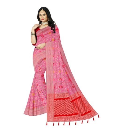 Generic Women's Banarasi Printed Saree With Unstitched Blouse 5.5Mtr (Pink)