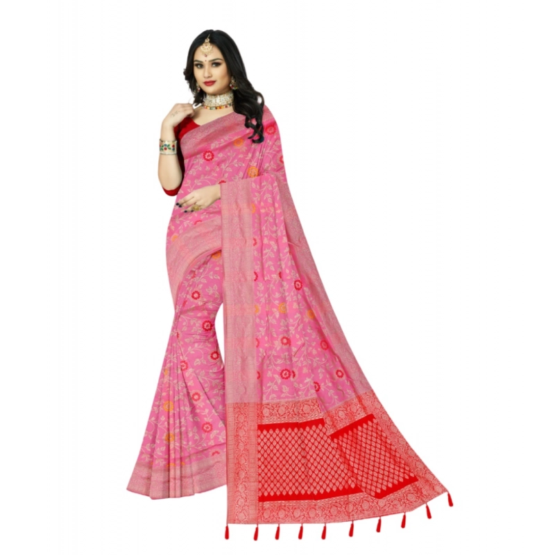 Women's Banarasi Printed Saree With Unstitched Blouse 5.5Mtr (Pink)