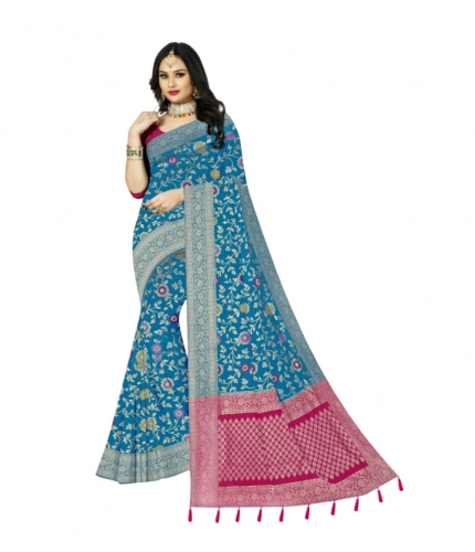 Generic Women's Banarasi Printed Saree With Unstitched Blouse 5.5Mtr (Aqua Blue)