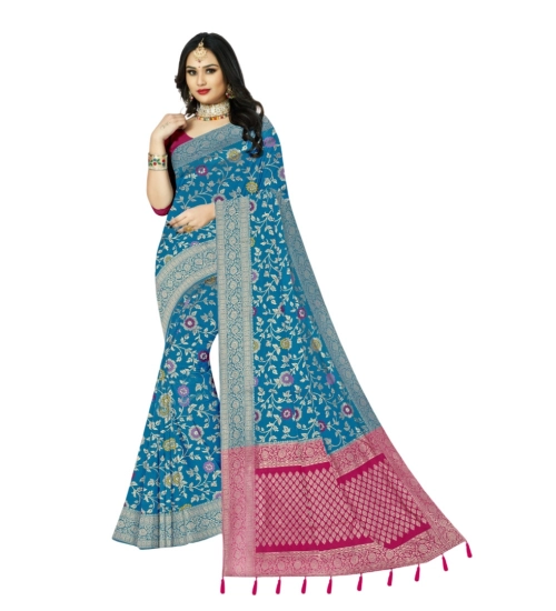 Generic Women's Banarasi Printed Saree With Unstitched Blouse 5.5Mtr (Aqua Blue)