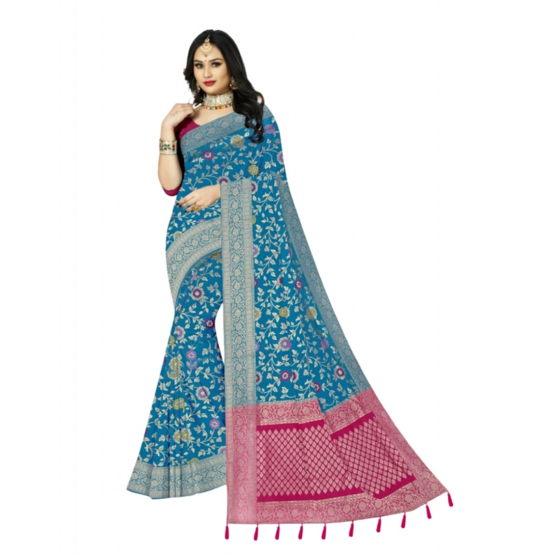 Women's Banarasi Printed Saree With Unstitched Blouse 5.5Mtr (Aqua Blue)