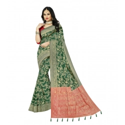 Generic Women's Banarasi Printed Saree With Unstitched Blouse 5.5Mtr (Green)