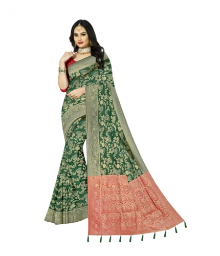 Generic Women's Banarasi Printed Saree With Unstitched Blouse 5.5Mtr (Green)
