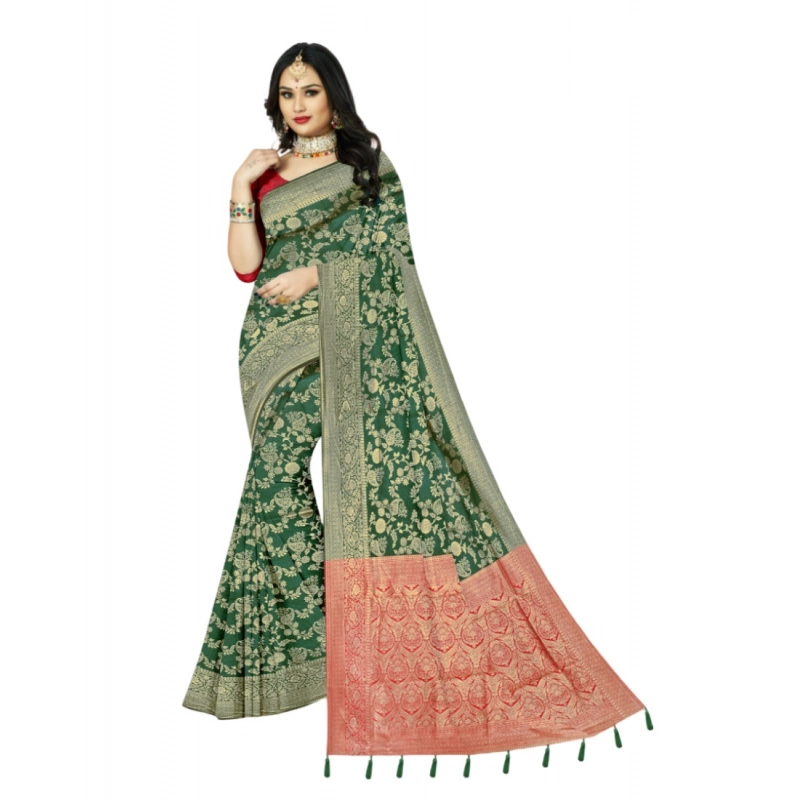 Women's Banarasi Printed Saree With Unstitched Blouse 5.5Mtr (Green)