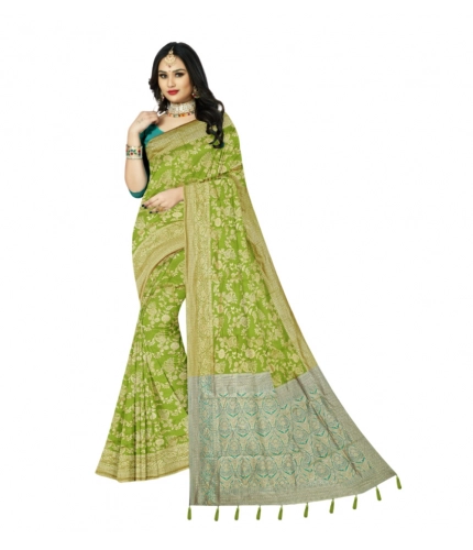 Generic Women's Banarasi Printed Saree With Unstitched Blouse 5.5Mtr (Mehndi)