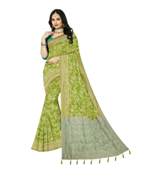 Generic Women's Banarasi Printed Saree With Unstitched Blouse 5.5Mtr (Mehndi)