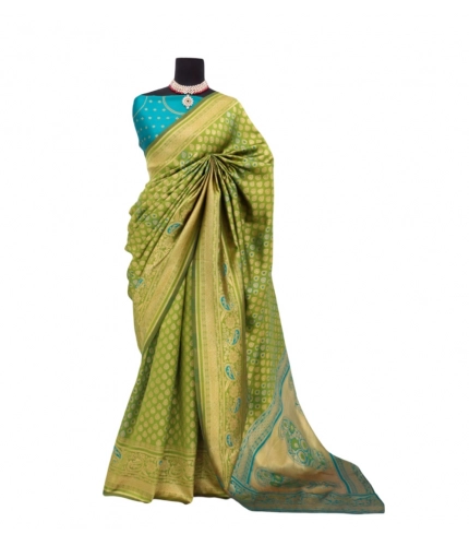 Generic Women's Banarasi Printed Saree With Unstitched Blouse 5.5Mtr (Mehendi Green)
