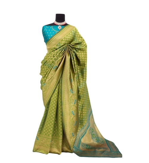 Generic Women's Banarasi Printed Saree With Unstitched Blouse 5.5Mtr (Mehendi Green)