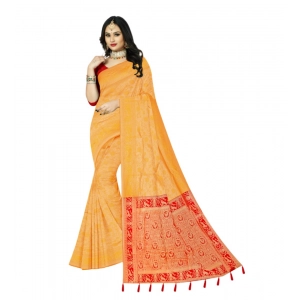 Generic Women's Banarasi Printed Saree With Unstitched Blouse 5.5Mtr (Yellow)