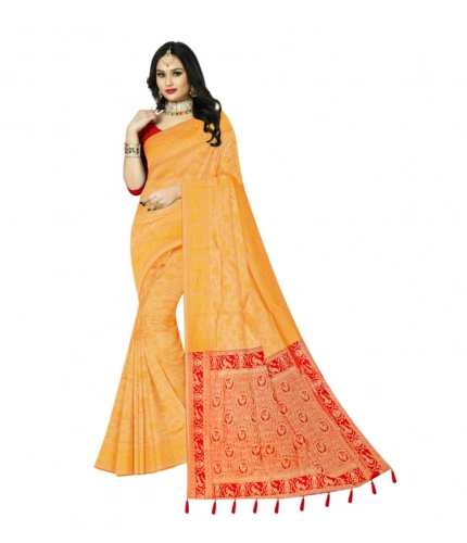 Generic Women's Banarasi Printed Saree With Unstitched Blouse 5.5Mtr (Yellow)