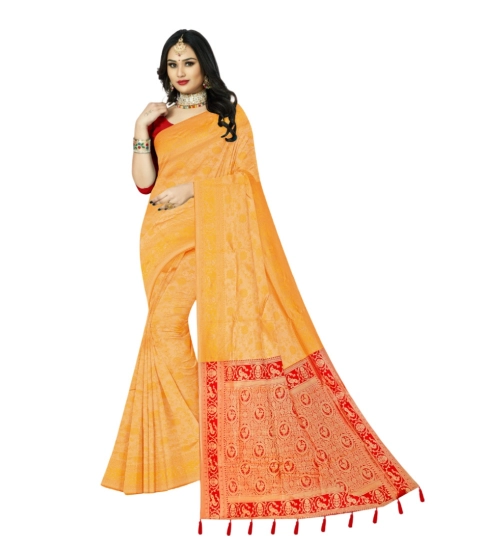 Generic Women's Banarasi Printed Saree With Unstitched Blouse 5.5Mtr (Yellow)