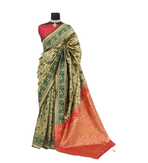 Generic Women's Banarasi Printed Saree With Unstitched Blouse 5.5Mtr (Golden)