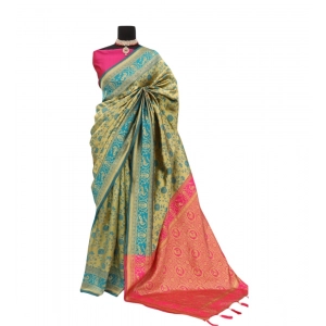 Generic Women's Banarasi Printed Saree With Unstitched Blouse 5.5Mtr (Golden)