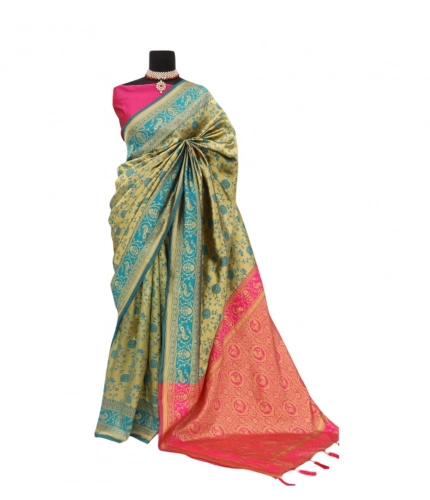 Generic Women's Banarasi Printed Saree With Unstitched Blouse 5.5Mtr (Golden)