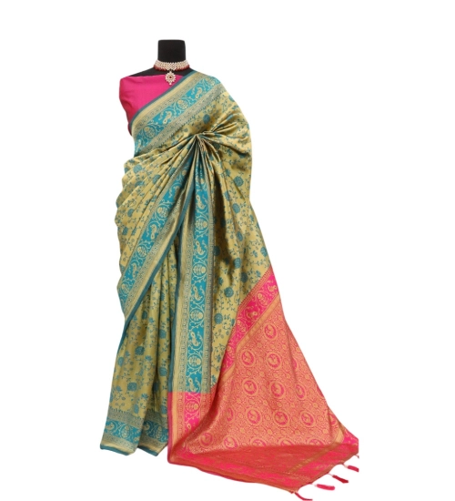 Generic Women's Banarasi Printed Saree With Unstitched Blouse 5.5Mtr (Golden)
