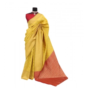 Generic Women's Banarasi Printed Saree With Unstitched Blouse 5.5Mtr (Yellow)