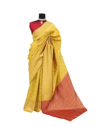Generic Women's Banarasi Printed Saree With Unstitched Blouse 5.5Mtr (Yellow)