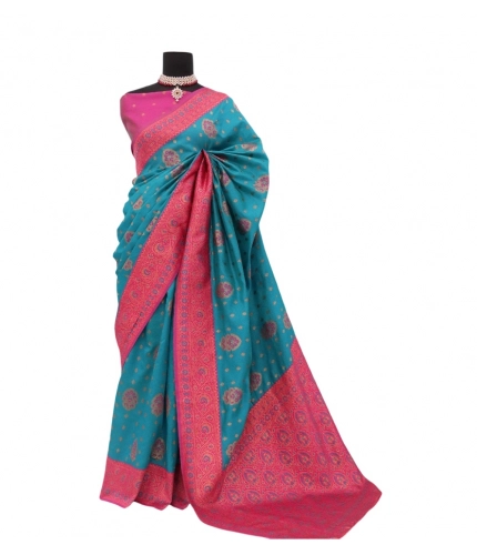 Generic Women's Banarasi Printed Saree With Unstitched Blouse 5.5Mtr (Aqua Blue)
