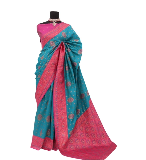 Generic Women's Banarasi Printed Saree With Unstitched Blouse 5.5Mtr (Aqua Blue)