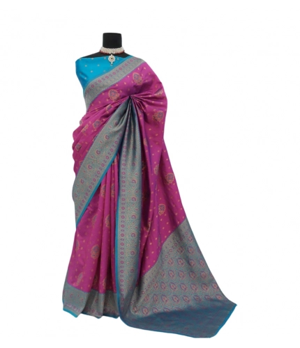 Generic Women's Banarasi Printed Saree With Unstitched Blouse 5.5Mtr (Purple)