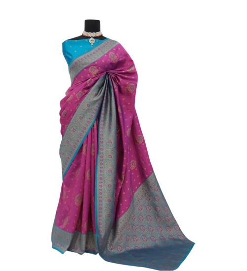 Generic Women's Banarasi Printed Saree With Unstitched Blouse 5.5Mtr (Purple)