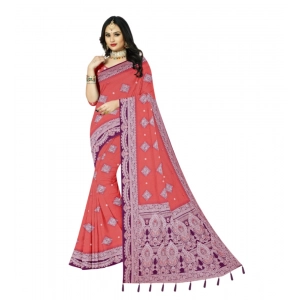 Generic Women's Cotton Printed Saree With Unstitched Blouse 5.5Mtr (Peach)