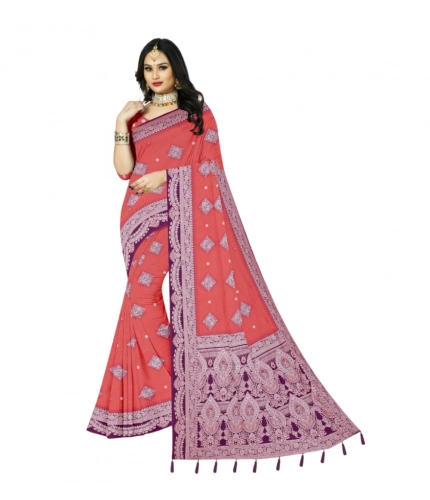 Generic Women's Cotton Printed Saree With Unstitched Blouse 5.5Mtr (Peach)