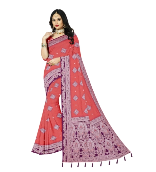 Generic Women's Cotton Printed Saree With Unstitched Blouse 5.5Mtr (Peach)