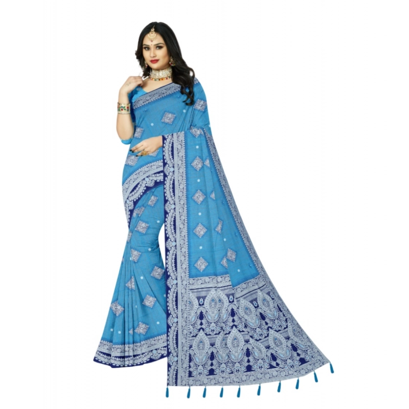 Women's Cotton Printed Saree With Unstitched Blouse 5.5Mtr (Firozi) Women's Cotton Printed Saree With Unstitched Blouse 5.5Mtr (Firozi)