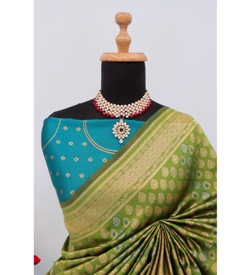 Generic Women's Banarasi Printed Saree With Unstitched Blouse 5.5Mtr (Mehendi Green)
