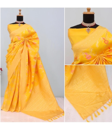 Generic Women's Banarasi Printed Saree With Unstitched Blouse 5.5Mtr (Yellow)