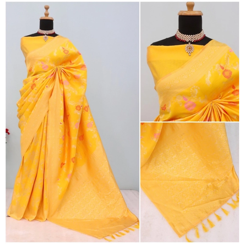 Women's Banarasi Printed Saree With Unstitched Blouse 5.5Mtr (Yellow)