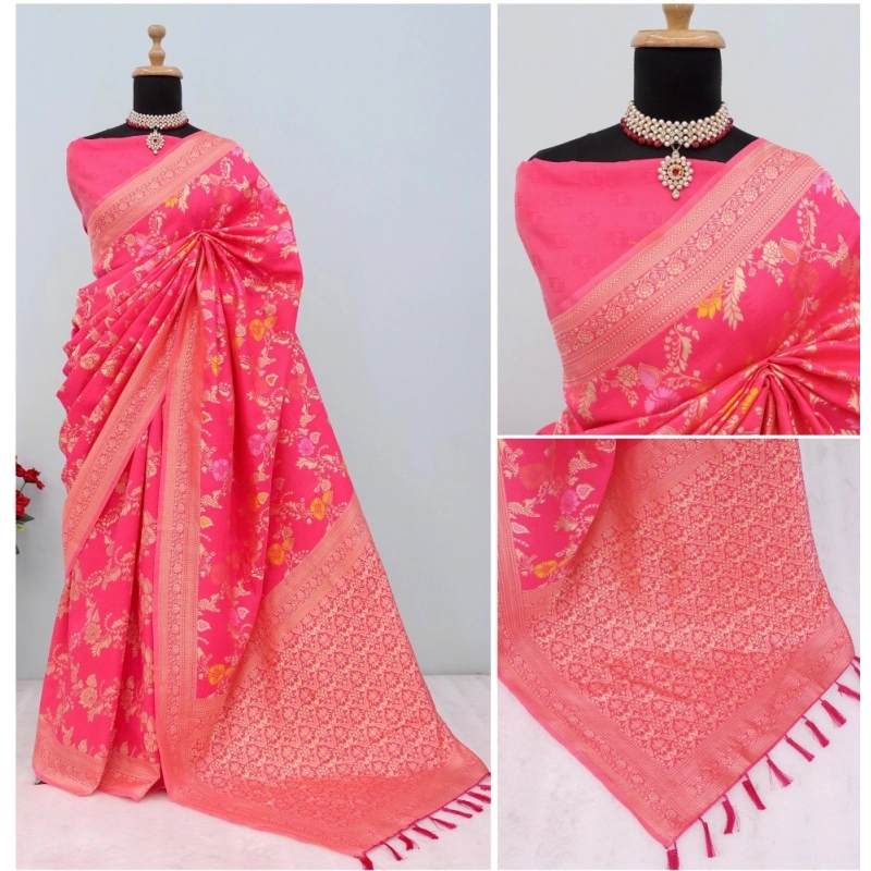 Women's Banarasi Printed Saree With Unstitched Blouse 5.5Mtr (Rani)
