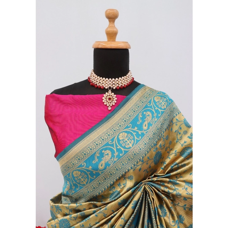 Women's Banarasi Printed Saree With Unstitched Blouse 5.5Mtr (Goldan)