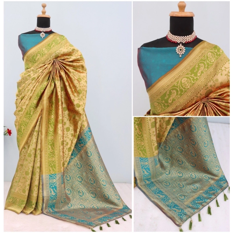 Women's Banarasi Printed Saree With Unstitched Blouse 5.5Mtr (Goldan)
