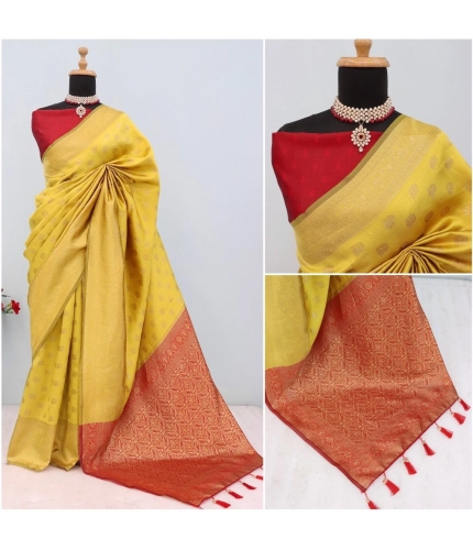 Generic Women's Banarasi Printed Saree With Unstitched Blouse 5.5Mtr (Yellow)