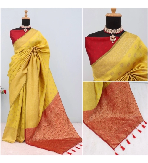 Generic Women's Banarasi Printed Saree With Unstitched Blouse 5.5Mtr (Yellow)