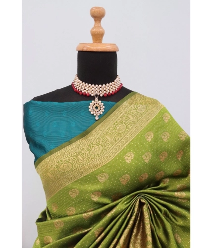 Generic Women's Banarasi Printed Saree With Unstitched Blouse 5.5Mtr (Mehendi Green)