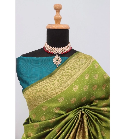 Generic Women's Banarasi Printed Saree With Unstitched Blouse 5.5Mtr (Mehendi Green)