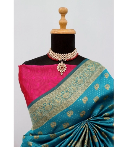 Generic Women's Banarasi Printed Saree With Unstitched Blouse 5.5Mtr (Aqua Blue)