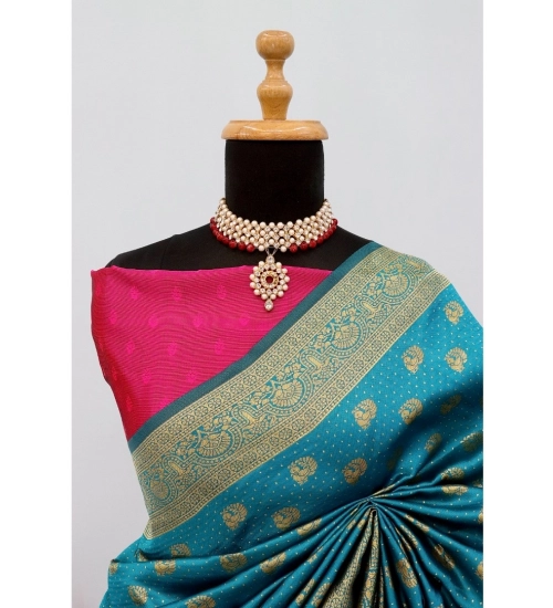 Generic Women's Banarasi Printed Saree With Unstitched Blouse 5.5Mtr (Aqua Blue)