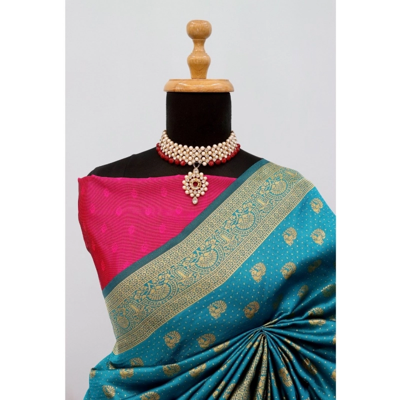 Women's Banarasi Printed Saree With Unstitched Blouse 5.5Mtr (Aqua Blue)