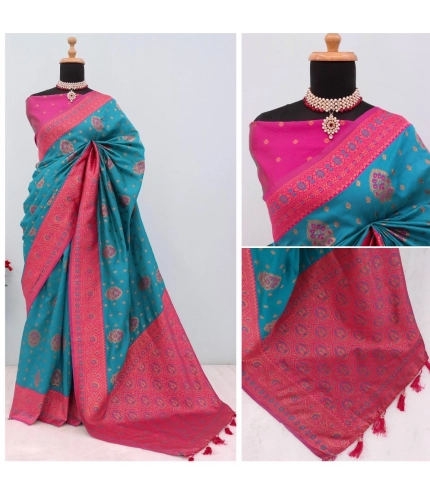 Generic Women's Banarasi Printed Saree With Unstitched Blouse 5.5Mtr (Aqua Blue)